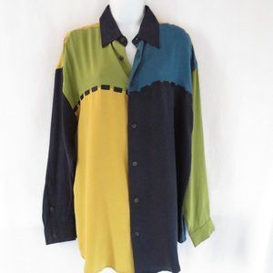 Vintage Kikit Maurice Sasson Silk Colorblock Button Down Men's Shirt Size Large
